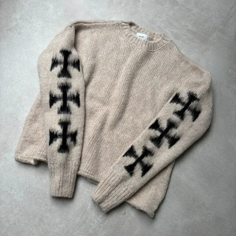 2024 American street retro personalized cross wool sweater men's pullover simple and fashionable top Y2K Harajuku couple sweater